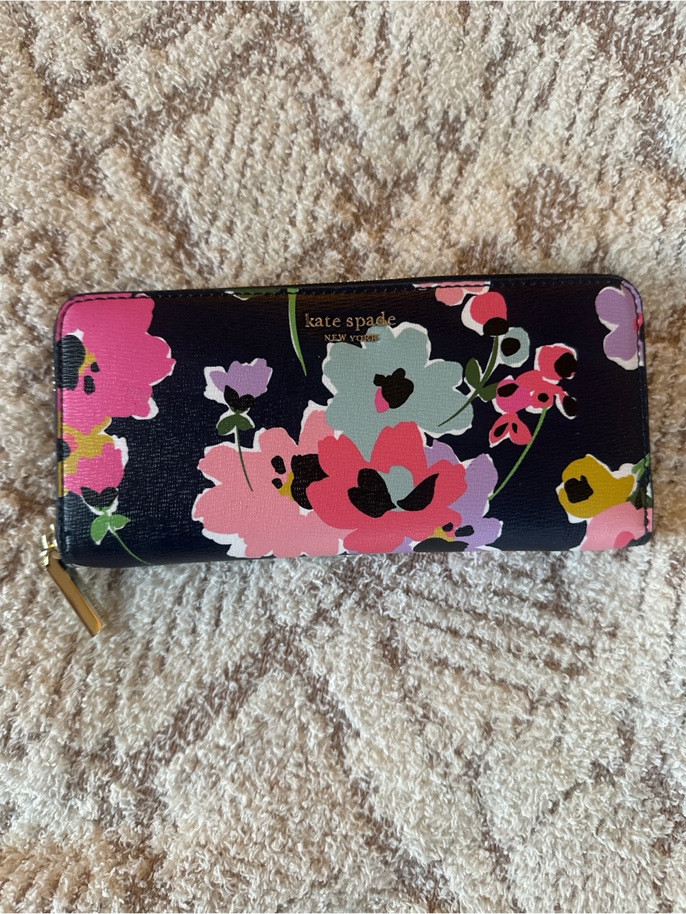 Kate Spade New York Floral Zip Around Wallet Navy Multi Leather EUC